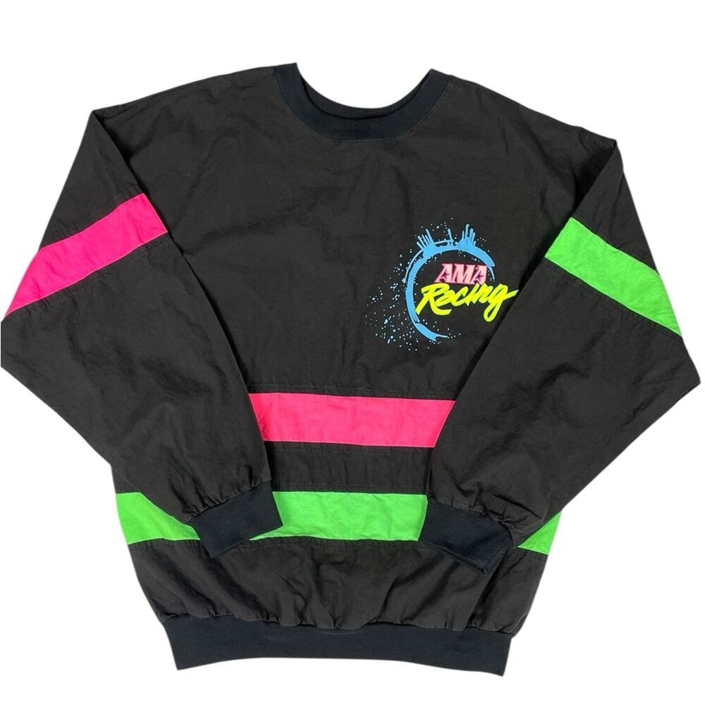 Vintage Men's Black retro AMA racing windbreaker with Pink Green neon Stripes